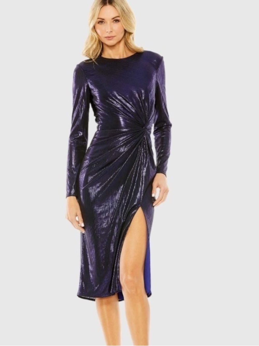 NWT Mac Duggal Dress 14 Midi Purple Long Sleeve Knot Slit Metallic Liquid Ieena